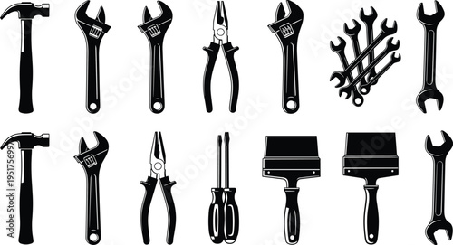 Hand tools silhouettes, hammer wrench screwdriver pliers icons, mechanical instruments, DIY repair essentials, workshop hardware, black vector illustration, construction tools, industrial