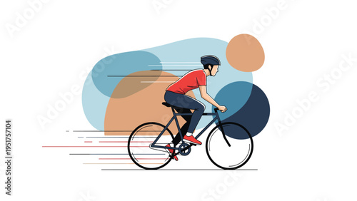 Person riding a bicycle at speed against a background of large colorful abstract circular shapes and lines.