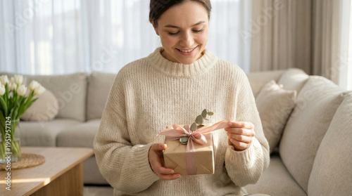 Wallpaper Mural Happy young woman holding a small gift box wrapped in brown paper with a pink ribbon sitting on a sofa at home Torontodigital.ca