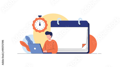 Efficient professional working on a laptop computer with a large calendar and stopwatch symbols for time management.