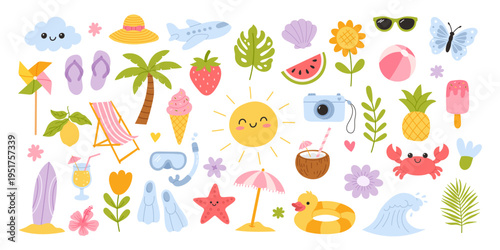 Cute summer holiday icon set. Sun, beach objects, fruits, drinks, and tropical elements. Perfect for travel design, kids projects, stickers, and seasonal branding
