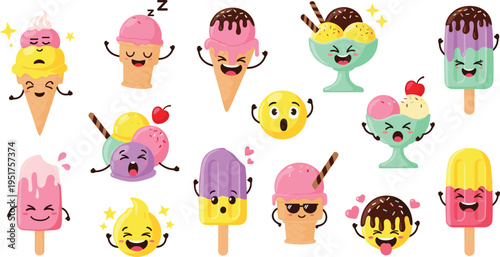 A Set of Cute Ice Cream and Popsicle Characters with Funny Facial Expressions, Colorful Desserts Illustration for Kids and Summer Designs