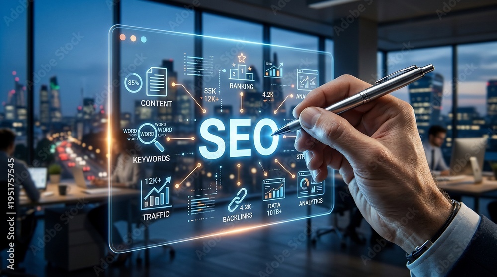Fototapeta premium Professional hand holding a stylus pen interacting with a glowing SEO interface on a transparent screen in a modern office with city lights background