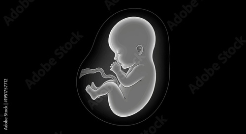 A grayscale illustration of a fetus in a womb with a dark background.