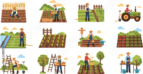 Farmers Working in Agriculture Set with Planting Watering Harvesting Tractor Irrigation and Gardening Rural Life Vector Illustration Collection