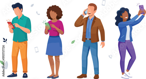 Diverse people using mobile phones for social media, texting, calling, and taking selfies in a flat vector illustration