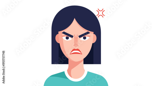 Close-up face of an angry and frustrated young woman showing strong negative emotions with a red forehead vein.