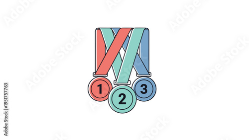 Set of three winner medals for first, second, and third place with colorful ribbons for sports or competitions.