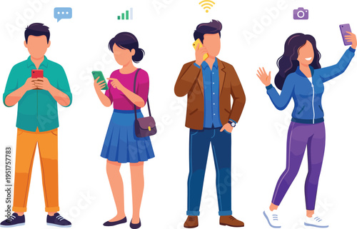 Young people using smartphones for texting, calling, browsing social media and taking selfies, flat digital communication vector concept illustration