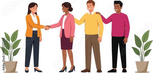 Diverse business professional team members shaking hands and celebrating successful partnership deal together in modern office workspace vector illustration