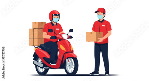 Illustration of two delivery workers in red uniforms, one on a scooter with boxes and the other holding a box, against a clean white background.