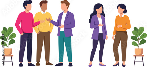 Diverse group of professional men and women coworkers standing, talking, and networking in modern office workspace, vector flat illustration