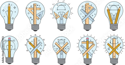 Creative design and architecture concept set featuring various light bulbs containing drafting tools like pencils and rulers for inspiration and artistic innovation.