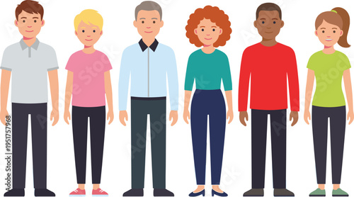 Diverse group of multiracial men and women standing together in casual clothes, flat style character design for community concept