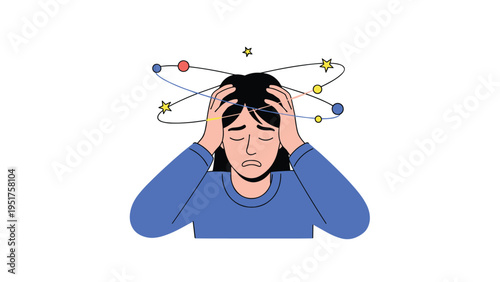 Stressed woman holding her head as stars and celestial bodies spin around symbolizing dizziness, mental fatigue, or severe headache.