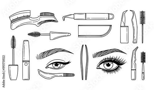 A minimalist black and white vector illustration of various makeup brushes and tools for eye makeup application arranged around a pair of beautifully made up eyes