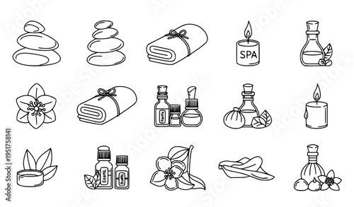 A set of minimalist line art illustrations depicting various spa and wellness icons on a clean white background
