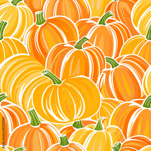 A vibrant repeating pattern of orange pumpkins fills the entire frame