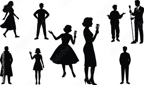 Vintage style singer performer silhouettes collection with microphone, retro music show artists, standing people poses, male female characters black silhouette set