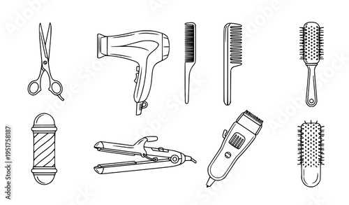 A set of black line illustrations of various hairdressing tools on a white background