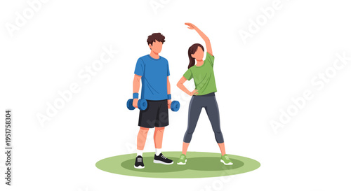 Illustration of a man and woman exercising with dumbbells on a green mat against a white background with a playful mood.