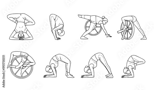 A vector graphic illustration of a woman performing various yoga poses with a wheel for support and flexibility in a minimalist flat design style