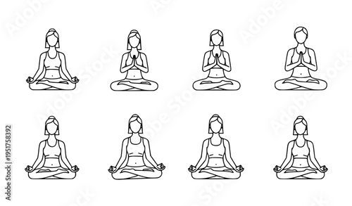 A set of eight minimalist line art illustrations of women practicing various yoga poses in a meditative seated position with different hand gestures on a white background