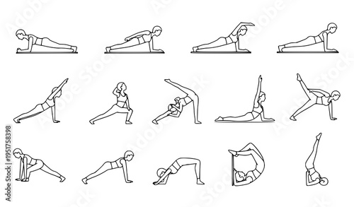 A minimalist vector graphic illustration of a woman performing various yoga poses in a sequence of black line art on a white background