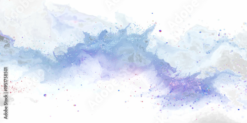 An artistic blue watercolor background features liquid ink splashes and grunge paint textures on paper with a colorful splatter pattern and vector art stains.