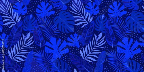 A vibrant blue tropical leaf pattern on a dark speckled background