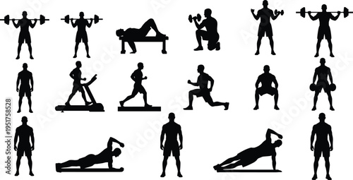 Fitness workout silhouettes set, gym training exercises collection, weightlifting running and strength poses, healthy lifestyle illustration isolated on white background