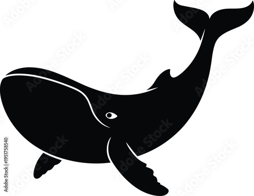 Stylized black silhouette of whale with curved tail and arched body, minimal design for logo, icon, marine wildlife art