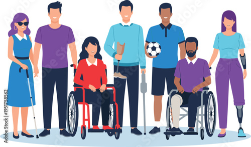 Diverse Group of People with Disabilities Featuring Wheelchairs, Prosthetics, and Assistive Devices for Inclusion and Disability Awareness