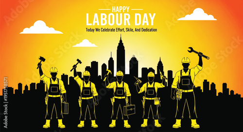 A vibrant Happy Labour Day illustration featuring silhouettes of construction workers holding tools against a golden city skyline sunset background.
