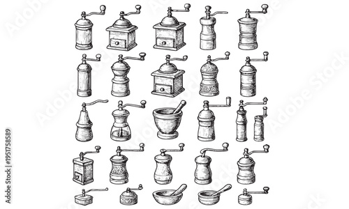 Vintage Kitchen Utensils Grid Illustration Pepper Mill Oil Bottle Mortar