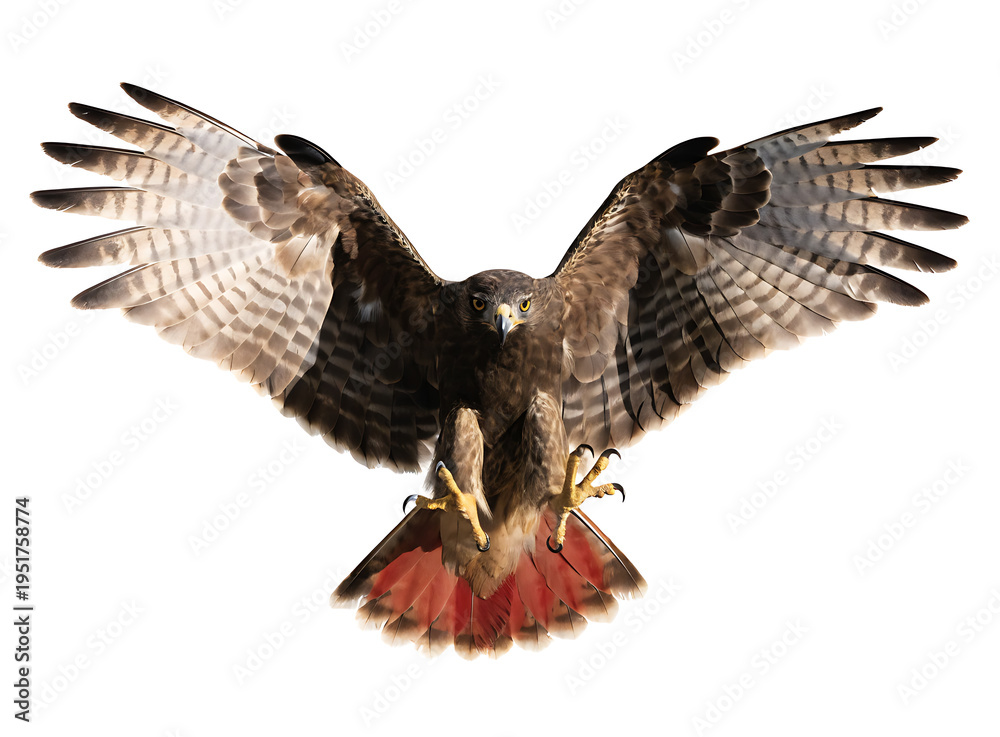 Fototapeta premium Red tailed hawk in flight with wings fully spread isolated on white background showing detailed brown feathers