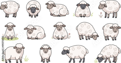 Cute hand drawn vector illustration set of fluffy white sheep and lambs in various grazing and resting poses for nursery farm and nature designs.