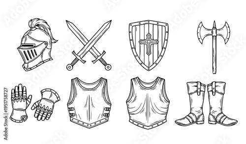A collection of medieval knight armor and weaponry in a flat line art style including a helmet swords shield gloves vests and boots in a vector graphic illustration