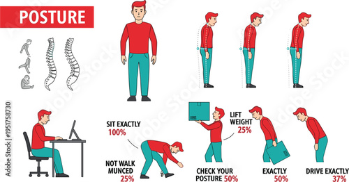 Posture Correction Infographic Showing Sitting, Walking, Lifting, and Driving Stances with Percentage Breakdown for Health and Wellness Education