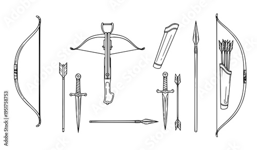 A collection of medieval weapons including bows arrows and swords in a minimalist line art style