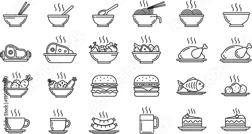 Line Icon Set of Various Food and Drink Items Including Soup, Noodles, Fish, Chicken, Burger, Cup, and Cake for Restaurant, Cooking, and Culinary Designs