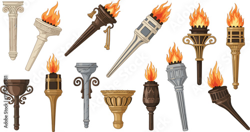 A Set of Classical Torch Illustrations with Flames in Vintage Stone, Bronze, and Marble Styles, Ideal for Ancient and Decorative Designs
