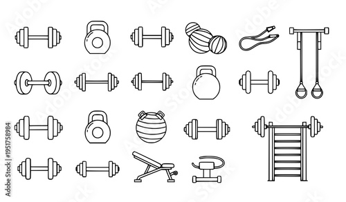 A collection of various gym equipment icons in a flat line art style on a white background, including dumbbells, kettlebells, and other workout gear in a simple vector graphic design