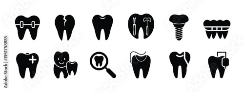 Dental care and dentistry silhouette icon featuring tooth implant braces cracked teeth mouth hygiene, clinic treatment more vector illustration.