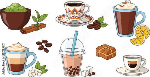 Coffee and tea drinks collection with latte cappuccino bubble tea spices beans desserts hand drawn vector illustration set