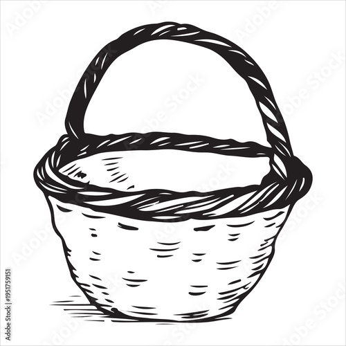Artisanal Hand-Drawn Wicker Picnic Basket Sketch Vector