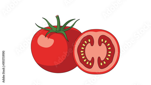Fresh whole red tomato next to a juicy slice showing seeds in a realistic food illustration for healthy cooking or diet topics.