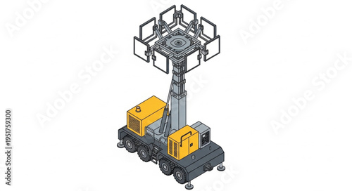 Mobile lighting tower with multiple lamps for outdoor illumination.