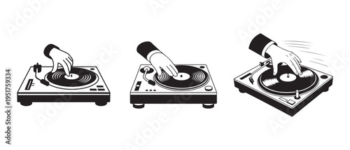 DJ Hand Mixing Music on Turntables Three Stages Illustration.