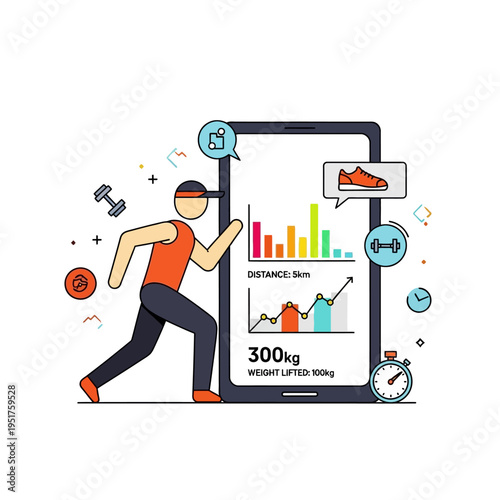 Fitness Tracker App: Man Running, Distance, Weight Lifted, Progress Graphs